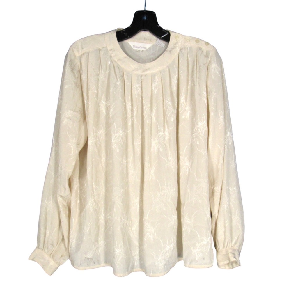 VTG SUSAN HUTTON Thin CREPE Ivory JACQUARD Pleated BUTTON SHOULDER Blouse/Top 10